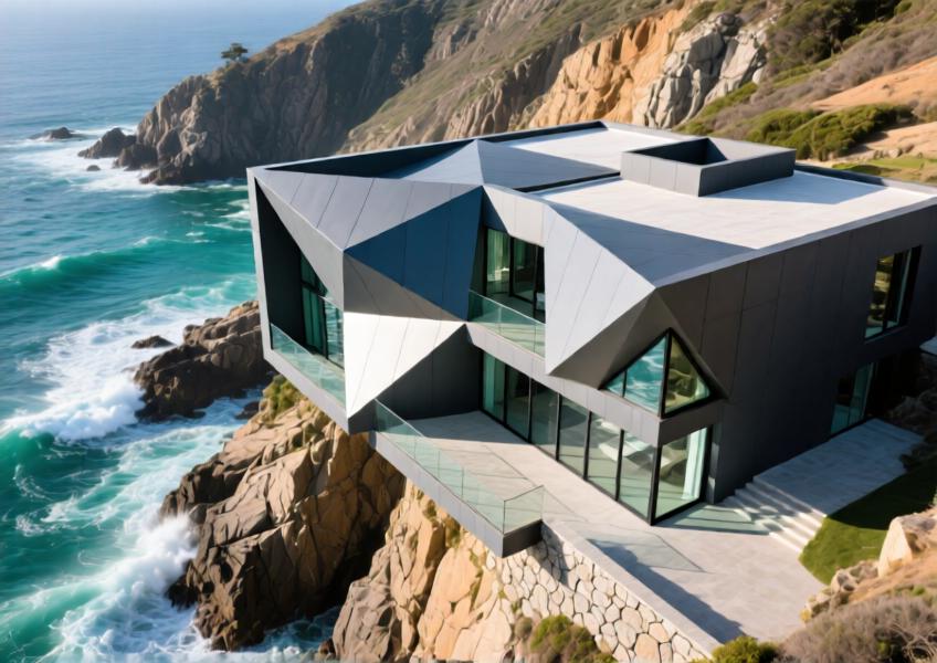 Luxury cliffside villa with anodized charcoal gray aluminum curtain walls in a dramatic coastal setting, blending modern geometry with natural surroundings.