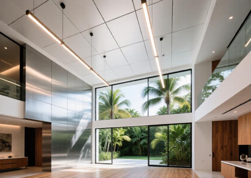 Luxury villa atrium with white powder-coated aluminum ceiling in Miami