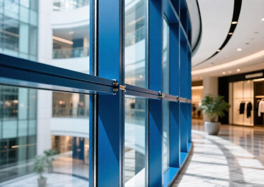 Detailed view of a curved curtain wall with deep blue powder-coated aluminum, showing design flexibility and precise assembly in a luxury atrium setting.