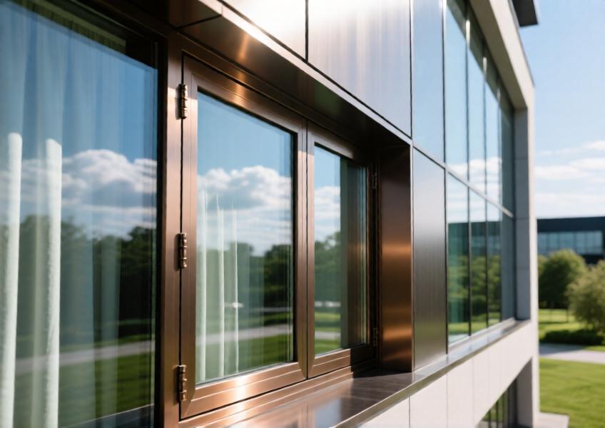 Detailed view of anodized bronze aluminium curtain wall with thermal breaks, illustrating technical precision and sustainable materials.