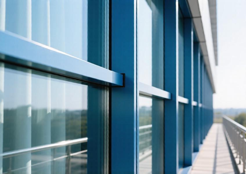 Close-up detail of anodized blue aluminium curtain wall with insulated glazing, emphasizing material quality and construction precision.