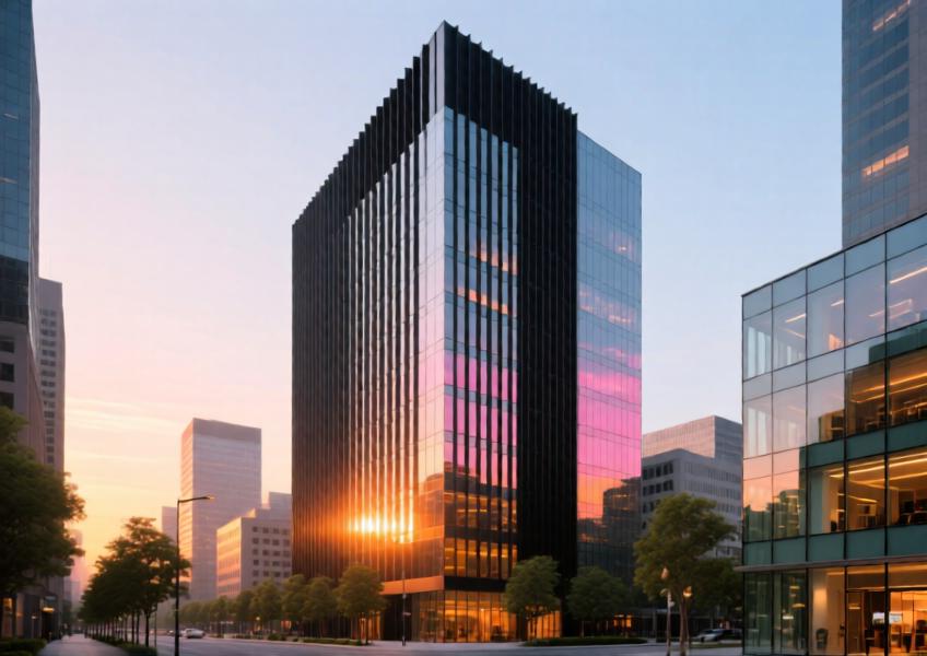 Modern high-rise with matte black aluminium curtain walling at sunset, highlighting energy efficiency and urban integration.