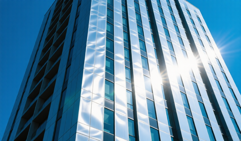 A modern high-rise building with a shimmering aluminum cladding facade, reflecting sunlight and creating a dynamic visual effect.