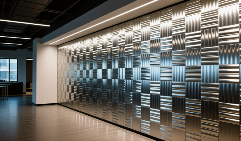 An interior space featuring decorative aluminium wall panels, highlighting texture and light reflection.