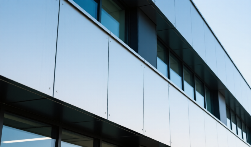 Close-up view of aluminium wall panels installed on a commercial building, emphasizing structural integrity and modern appeal.