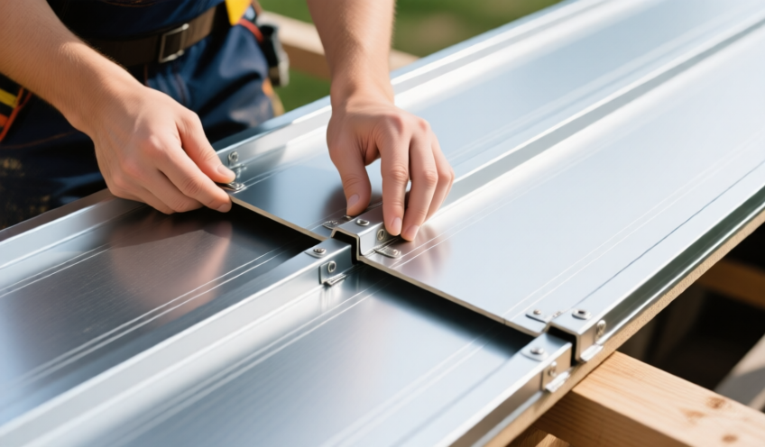 Installation process of standing seam aluminium cladding showing concealed clips and panel alignment for seamless finish.