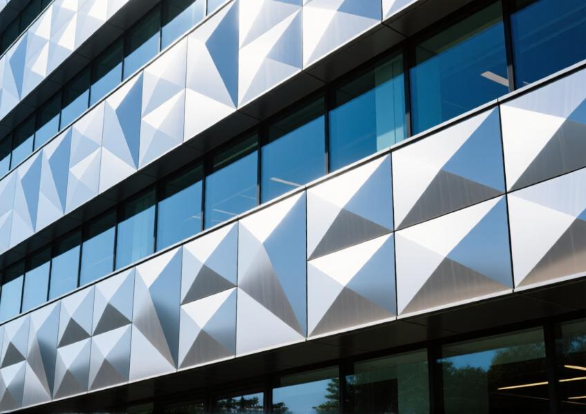 A contemporary building exterior featuring aluminium facade panels with geometric patterns and reflective surfaces.
