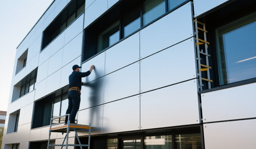 Aluminum cladding panels being installed on a modern building facade, showcasing the sleek finish and modular design.