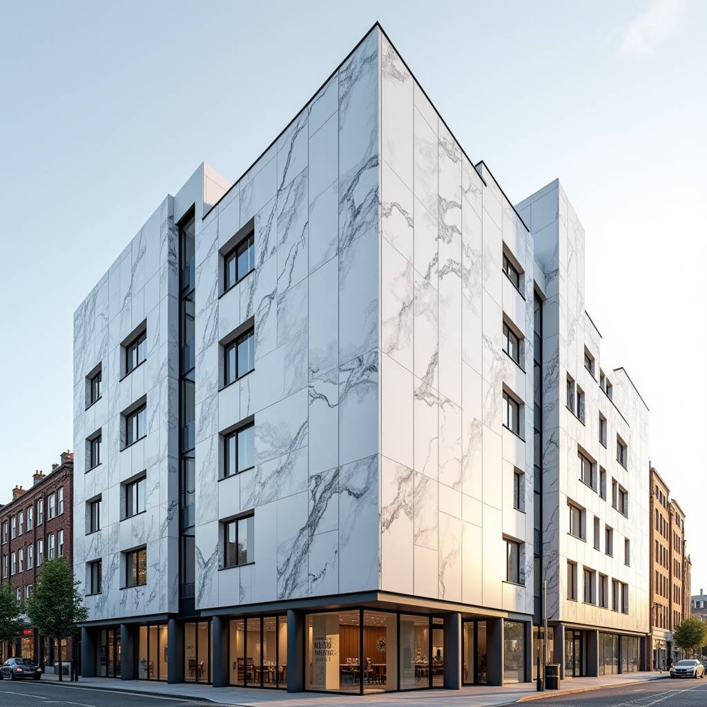 Marble Effect Aluminum Facade Engineering and Specification for Solid Panel Rainscreen Systems