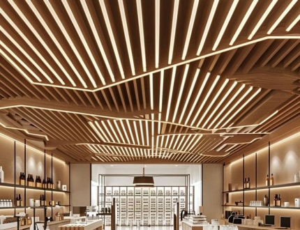 Factory Curved Modern Strip Aluminum Film Coated Suspended Baffle Ceiling Wood Grain Finish Fireproof Heat Insulation Class for